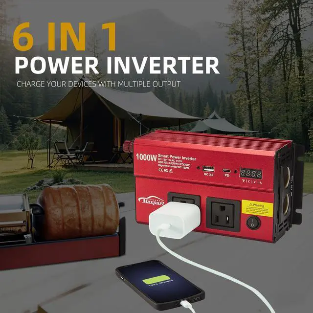 Alt view image 3 of 7 - Car 1000w Inverter,12v DC to 110v Power Inverters for Vehicles 1000 watt with Dual AC Outlets 3.0A USB and Type-C,12 Volt Inverter Car Cigarette Lighter Battery