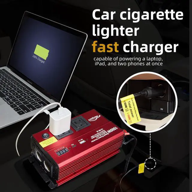 Alt view image 4 of 7 - Car 1000w Inverter,12v DC to 110v Power Inverters for Vehicles 1000 watt with Dual AC Outlets 3.0A USB and Type-C,12 Volt Inverter Car Cigarette Lighter Battery
