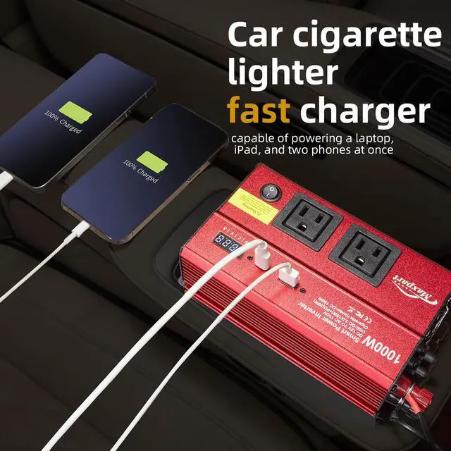 Alt view image 5 of 7 - Car 1000w Inverter,12v DC to 110v Power Inverters for Vehicles 1000 watt with Dual AC Outlets 3.0A USB and Type-C,12 Volt Inverter Car Cigarette Lighter Battery
