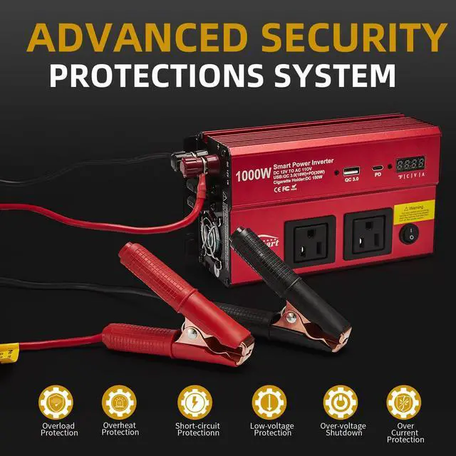 Alt view image 6 of 7 - Car 1000w Inverter,12v DC to 110v Power Inverters for Vehicles 1000 watt with Dual AC Outlets 3.0A USB and Type-C,12 Volt Inverter Car Cigarette Lighter Battery