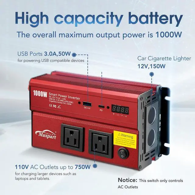 Alt view image 7 of 7 - Car 1000w Inverter,12v DC to 110v Power Inverters for Vehicles 1000 watt with Dual AC Outlets 3.0A USB and Type-C,12 Volt Inverter Car Cigarette Lighter Battery