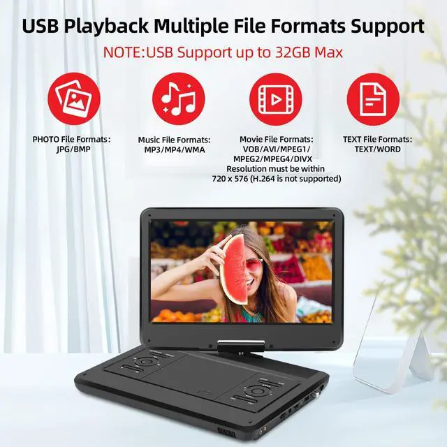 Alt view image 4 of 7 - 16.5" Portable TV/DVD Player Combo with 14.0" Large HD Swivel Screen and Digital TV ATSC Tuner/HDMI/USB/AV/Audio, Built-in Battery, Dual High Volume Stereo Speakers