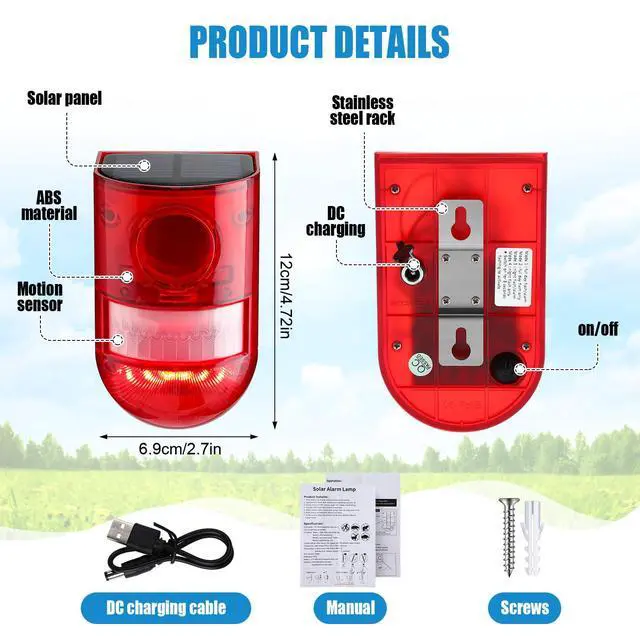 Alt view image 4 of 7 - Solar Sound and Light Alarm Motion Sensor 129db Outdoor Security Siren Waterproof Activated Detector Driveway Alarm 6 LEDs Flash Warning Deterrent Strobe System for Home, Farm(Red,2 Pack)