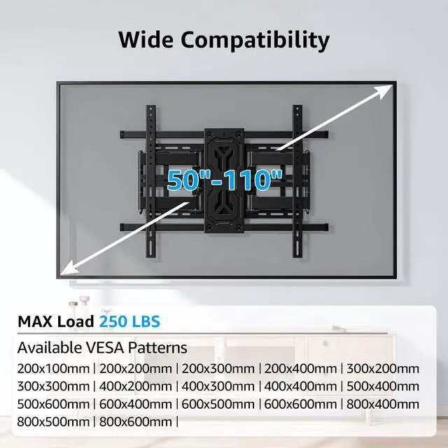 Alt view image 6 of 7 - TV Wall Mount Holds 250 lbs for 50-110 inch Large TVs, Heavy Duty Full Motion 1.65" Slim TV Bracket with Extension, Swivel & Tilt, Pre-Assembled, Max VESA 800x600mm, Fits 12-24" Studs