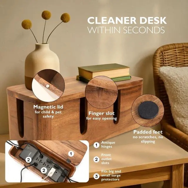Alt view image 2 of 7 - Acacia Cable Management Box - Rustic Design (Front Slots, Large) | Acacia Wood, Cable Organizer, Rustic Style, Modern Design, Desktop Storage