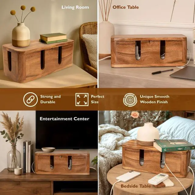 Alt view image 3 of 7 - Acacia Cable Management Box - Rustic Design (Front Slots, Large) | Acacia Wood, Cable Organizer, Rustic Style, Modern Design, Desktop Storage