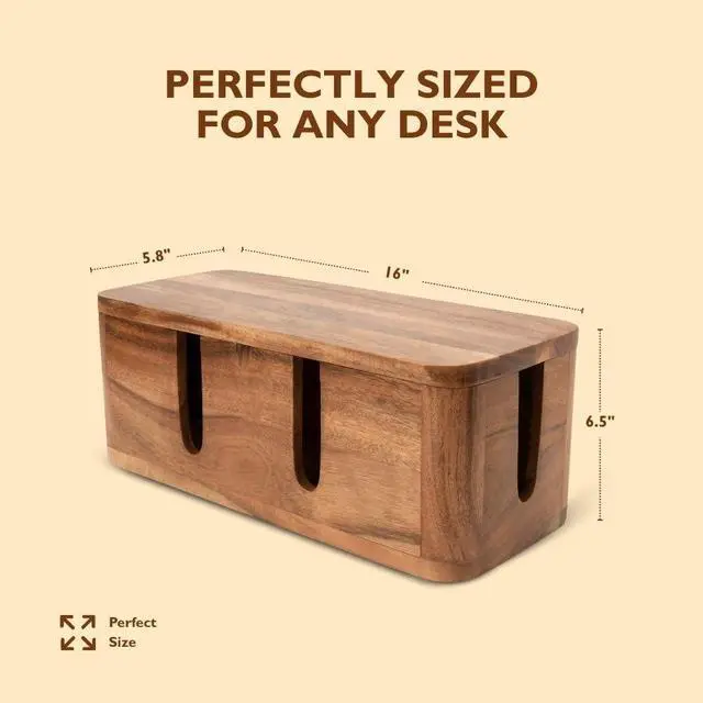 Alt view image 4 of 7 - Acacia Cable Management Box - Rustic Design (Front Slots, Large) | Acacia Wood, Cable Organizer, Rustic Style, Modern Design, Desktop Storage