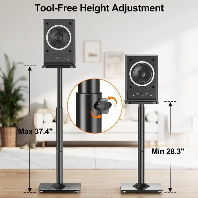 Alt view image 2 of 7 - Speaker Stands Pair, 28"-37.4" Height Adjustable, Max 22 lbs, Glass Base | Surround Sound Speaker Stand with Cable Management, Universal Floor Stand for Bookshelf Satellite Studio Large Speaker, Black