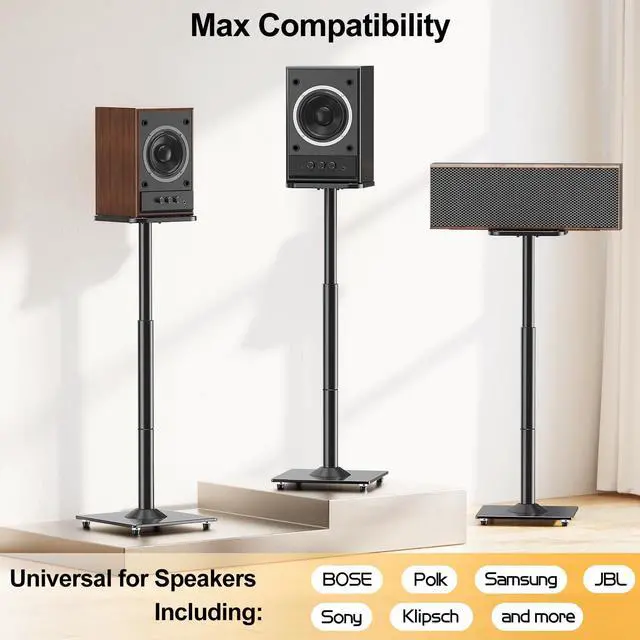 Alt view image 3 of 7 - Speaker Stands Pair, 28"-37.4" Height Adjustable, Max 22 lbs, Glass Base | Surround Sound Speaker Stand with Cable Management, Universal Floor Stand for Bookshelf Satellite Studio Large Speaker, Black