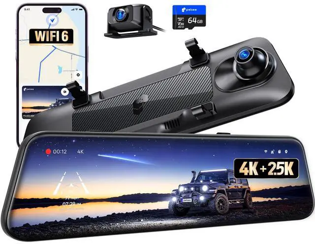 Main image of S12 Native 4K + 2.5K Mirror Dash Cam, Rear View Mirror Camera w/ 8MP Starlit Color Night Vision, WiFi 6 30MB/s Download, GPS, 64GB Card Included, Backup Camera for SUVs Trucks Vans RVS