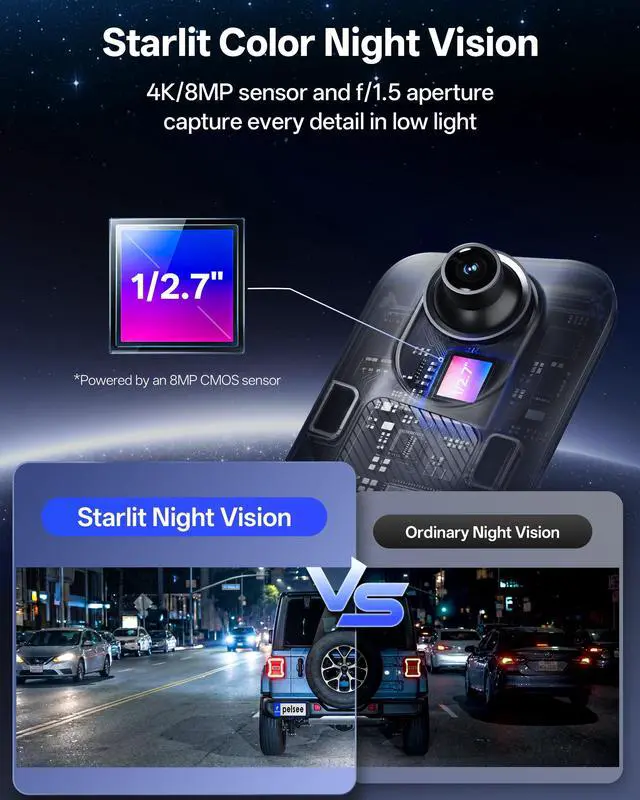 Alt view image 4 of 7 - S12 Native 4K + 2.5K Mirror Dash Cam, Rear View Mirror Camera w/ 8MP Starlit Color Night Vision, WiFi 6 30MB/s Download, GPS, 64GB Card Included, Backup Camera for SUVs Trucks Vans RVS