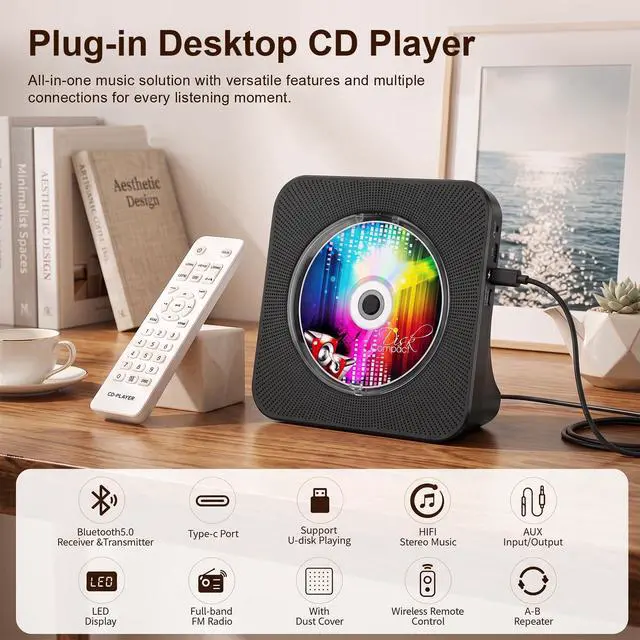 Alt view image 2 of 7 - Portable CD Player with Bluetooth, CD Player with Speaker for Home | Plug-in desktop use,2-way Bluetooth mode, 3W speakers, FM radio, sleep timer, A-B repeat,USB/AUX