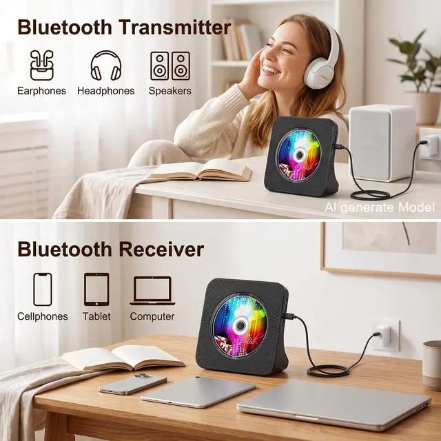 Alt view image 3 of 7 - Portable CD Player with Bluetooth, CD Player with Speaker for Home | Plug-in desktop use,2-way Bluetooth mode, 3W speakers, FM radio, sleep timer, A-B repeat,USB/AUX