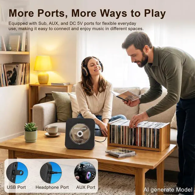 Alt view image 4 of 7 - Portable CD Player with Bluetooth, CD Player with Speaker for Home | Plug-in desktop use,2-way Bluetooth mode, 3W speakers, FM radio, sleep timer, A-B repeat,USB/AUX