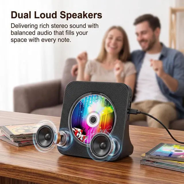 Alt view image 5 of 7 - Portable CD Player with Bluetooth, CD Player with Speaker for Home | Plug-in desktop use,2-way Bluetooth mode, 3W speakers, FM radio, sleep timer, A-B repeat,USB/AUX