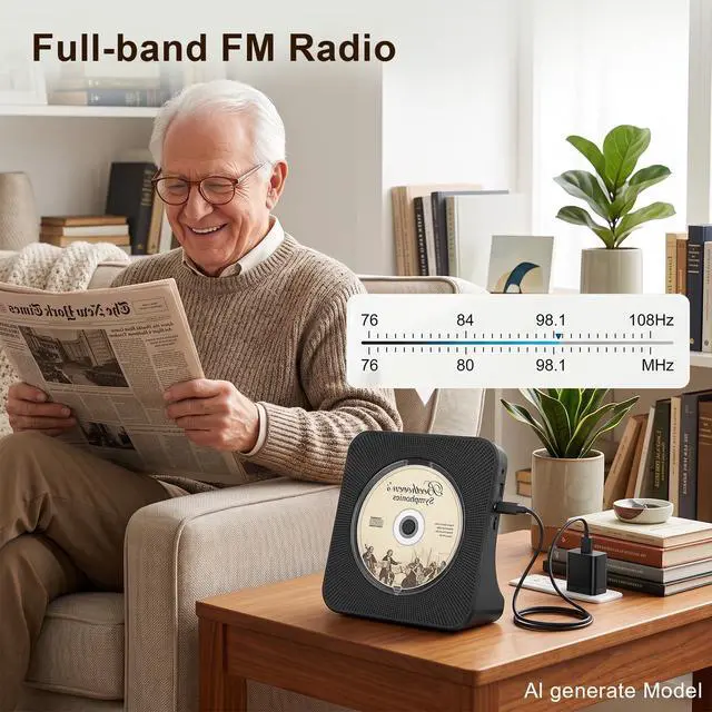 Alt view image 6 of 7 - Portable CD Player with Bluetooth, CD Player with Speaker for Home | Plug-in desktop use,2-way Bluetooth mode, 3W speakers, FM radio, sleep timer, A-B repeat,USB/AUX