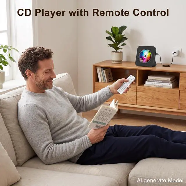 Alt view image 7 of 7 - Portable CD Player with Bluetooth, CD Player with Speaker for Home | Plug-in desktop use,2-way Bluetooth mode, 3W speakers, FM radio, sleep timer, A-B repeat,USB/AUX