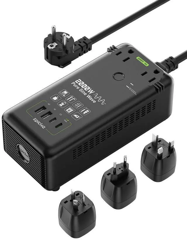 Main image of 2000W Pure Sine Wave Voltage Converter, 220V to 110V | Universal Travel Plug Adapter for EU/UK/AU/JP, 20W PD Fast Charging, 2AC/2USB-A/2USB-C, Black