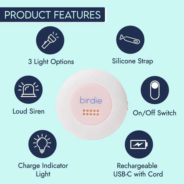 Alt view image 2 of 7 - The Original Personal Safety Alarm Disc for Bikes, Hikes, and Late Nights - Loud Siren, LED Light for Extra Visibility, Rechargeable, Handsfree, Lightweight, Water Resistant (Blossom)