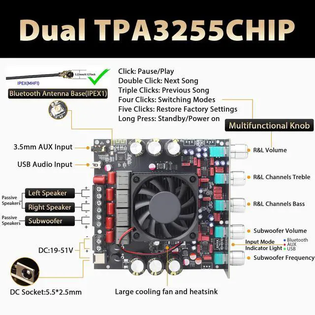 Alt view image 2 of 7 - S600X 2.1 Channel Amplifier Board 300W+300W+600W Power Output,TPA3255 Chip,Bluetooth 5.2,Black