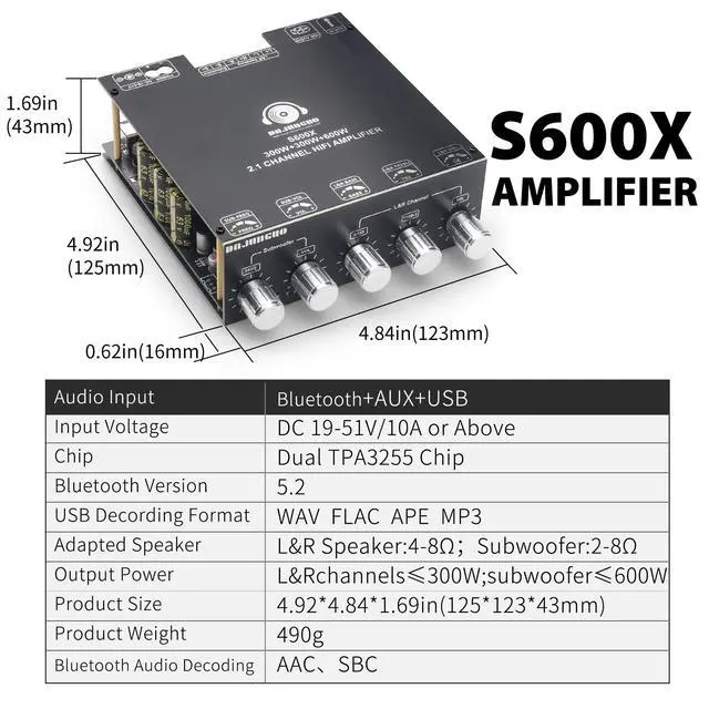 Alt view image 6 of 7 - S600X 2.1 Channel Amplifier Board 300W+300W+600W Power Output,TPA3255 Chip,Bluetooth 5.2,Black