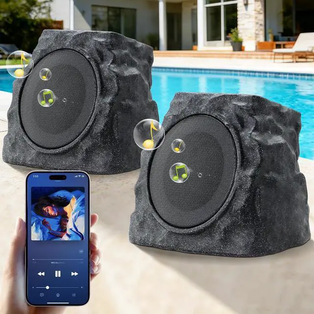 Main image of 2-Pack Rock Speakers Outdoor Waterproof with RGB Color Lights Multi-Sync Up to 100 Speakers,Auto-Pairing,Solar-Powered and USB Charging for Patio Pool Party Yard Garden Outside