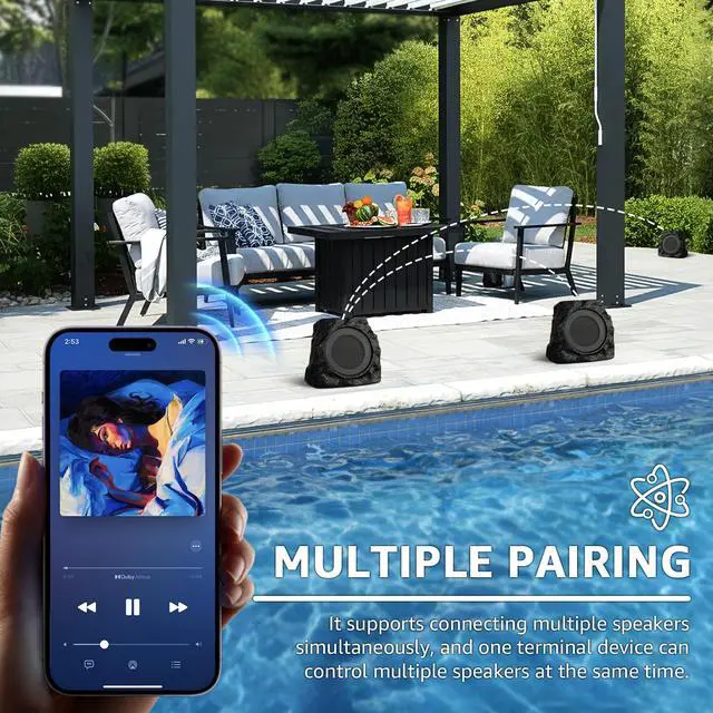 Alt view image 2 of 7 - 2-Pack Rock Speakers Outdoor Waterproof with RGB Color Lights Multi-Sync Up to 100 Speakers,Auto-Pairing,Solar-Powered and USB Charging for Patio Pool Party Yard Garden Outside