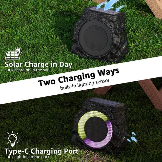 Alt view image 3 of 7 - 2-Pack Rock Speakers Outdoor Waterproof with RGB Color Lights Multi-Sync Up to 100 Speakers,Auto-Pairing,Solar-Powered and USB Charging for Patio Pool Party Yard Garden Outside