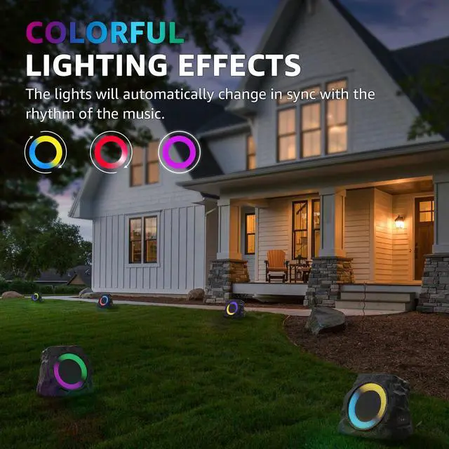 Alt view image 7 of 7 - 2-Pack Rock Speakers Outdoor Waterproof with RGB Color Lights Multi-Sync Up to 100 Speakers,Auto-Pairing,Solar-Powered and USB Charging for Patio Pool Party Yard Garden Outside