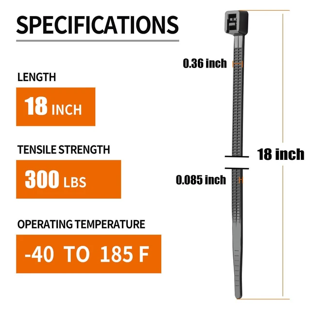 Alt view image 2 of 7 - 18 Inch Black Zip Ties Heavy Duty 500 Pack Long Cable Ties 300 LBS Extra Strong, UV Resistant Cable Ties, Weatherproof, Self-Locking for Indoor and Outdoor