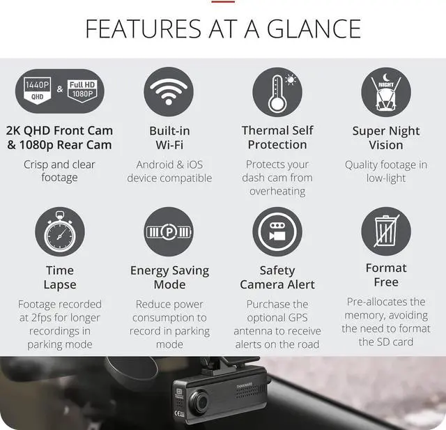 Alt view image 2 of 7 - Q200 Dash Cam 2K Front and Rear, Built-in GPS, Wi-Fi, ADAS, WDR | 32GB card and hardwiring cable included, speed and red light alerts, parking monitor, night vision, 256GB max