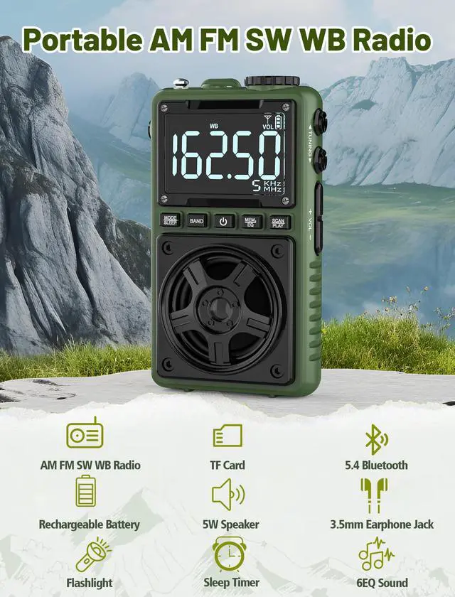 Alt view image 2 of 7 - Bluetooth AM FM Shortwave Radio with NOAA Weather Alert,1250mAh Rechargeable Portable Pocket Radio with Best Reception,5W Big Speaker, Digital Tuner and Earphone,Support SD Card and USB MP3 Player