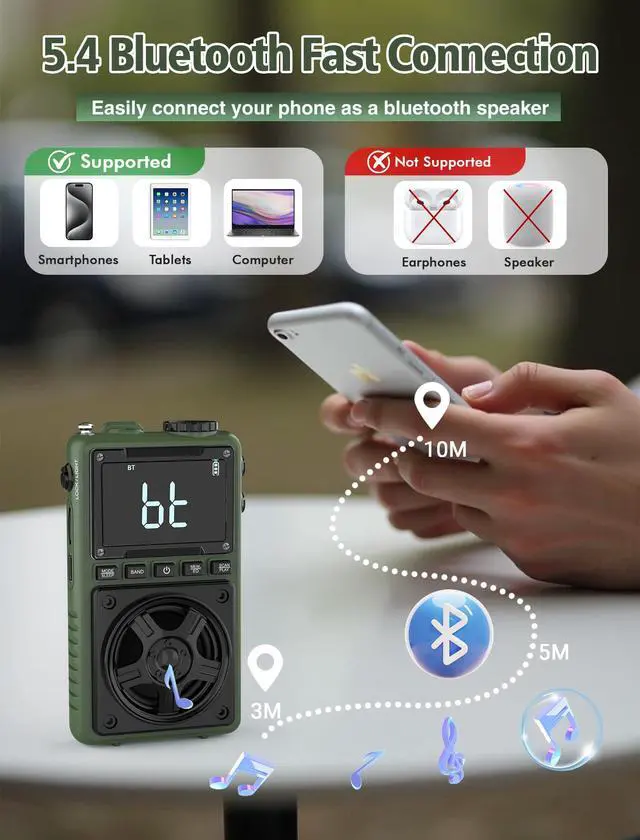 Alt view image 3 of 7 - Bluetooth AM FM Shortwave Radio with NOAA Weather Alert,1250mAh Rechargeable Portable Pocket Radio with Best Reception,5W Big Speaker, Digital Tuner and Earphone,Support SD Card and USB MP3 Player