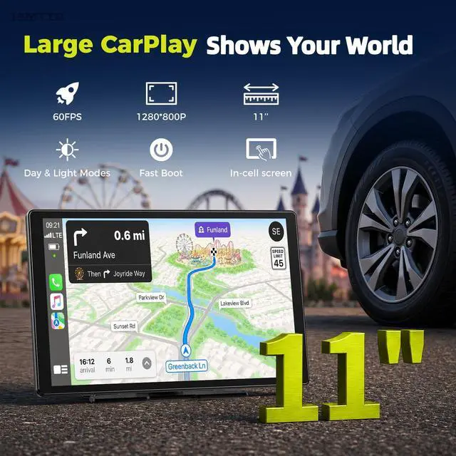 Alt view image 2 of 7 - 11" Wireless CarPlay Screen with in-Cell Display and Dual-Band WiFi | GPS Navigation, Mirror Link for iPhone & Android, OTA Updates, Custom Wallpaper,A Thoughtful Gift for Family & New Drivers