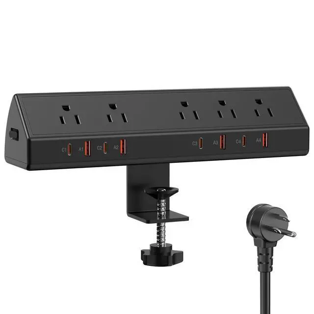 Main image of Desk Clamp Power Strip,Edge Mount,4 USB C,65W,1200J,Black | 4 USB-C Ports,Fit 1.96'' Tabletop,1875W Extension Cord,ETL Listed,Outlet Extender Desk Organizer,Office,Gaming,Dorm