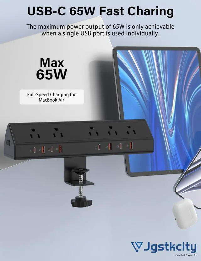 Alt view image 2 of 7 - Desk Clamp Power Strip,Edge Mount,4 USB C,65W,1200J,Black | 4 USB-C Ports,Fit 1.96'' Tabletop,1875W Extension Cord,ETL Listed,Outlet Extender Desk Organizer,Office,Gaming,Dorm