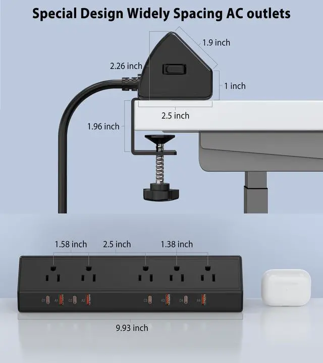 Alt view image 6 of 7 - Desk Clamp Power Strip,Edge Mount,4 USB C,65W,1200J,Black | 4 USB-C Ports,Fit 1.96'' Tabletop,1875W Extension Cord,ETL Listed,Outlet Extender Desk Organizer,Office,Gaming,Dorm