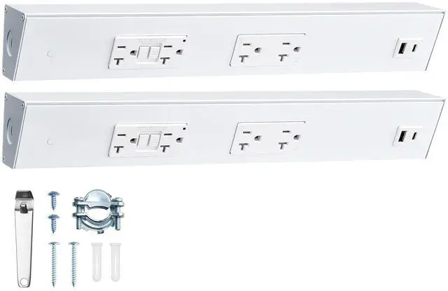 Main image of 2-Pack 16 in Hardwired Under Cabinet Power Strip with GFCI Outlet | 20A GFCI + 20A TR Outlet with USB-A & USB-C, Angled Outlet Design, 2500W Rating, Modular No-Cut System, ETL Listed