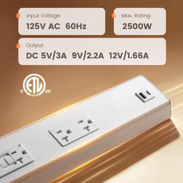 Alt view image 2 of 7 - 2-Pack 16 in Hardwired Under Cabinet Power Strip with GFCI Outlet | 20A GFCI + 20A TR Outlet with USB-A & USB-C, Angled Outlet Design, 2500W Rating, Modular No-Cut System, ETL Listed