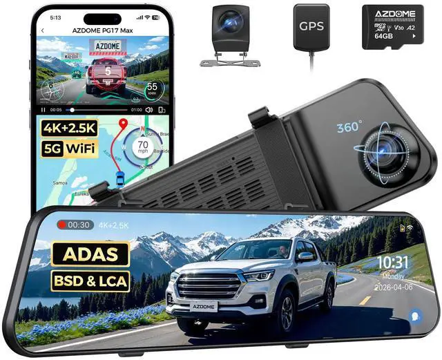 Main image of PG17 Max 4K+2.5K Mirror Dash Cam, 12" Front and Rear Camera with Night Vision AR Effects, ADAS BSD & LCA, Voice Control, 5.8GHz WiFi GPS, 24H Parking Monitor, for Cars Trucks RVs, 64GB Card