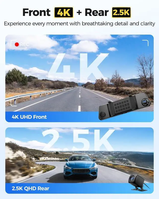Alt view image 2 of 7 - PG17 Max 4K+2.5K Mirror Dash Cam, 12" Front and Rear Camera with Night Vision AR Effects, ADAS BSD & LCA, Voice Control, 5.8GHz WiFi GPS, 24H Parking Monitor, for Cars Trucks RVs, 64GB Card