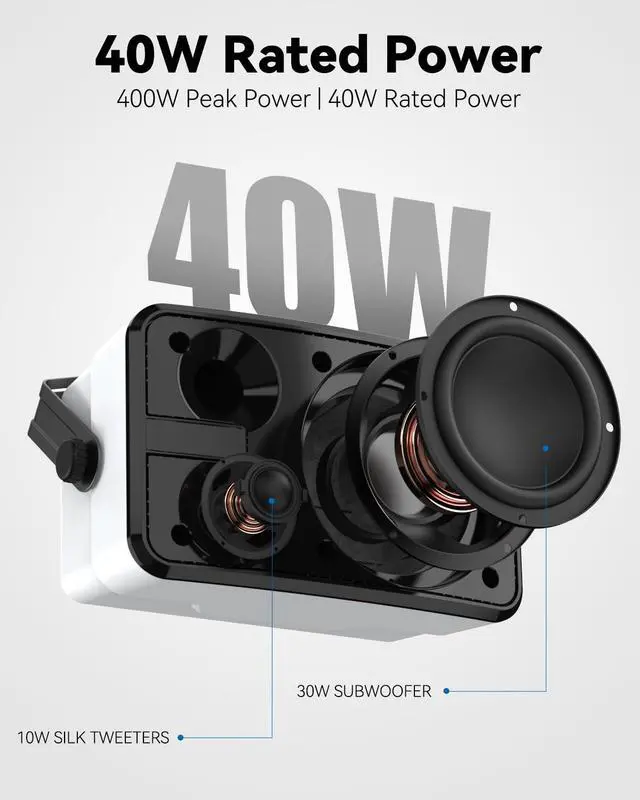 Alt view image 3 of 7 - 400W Outdoor Bluetooth Speakers, Wireless Sync Between Speakers, Powerful Bass, Wall Mount for Patio, Porch, Gazebo, Garage, 2-Pack, White(MZ-621)