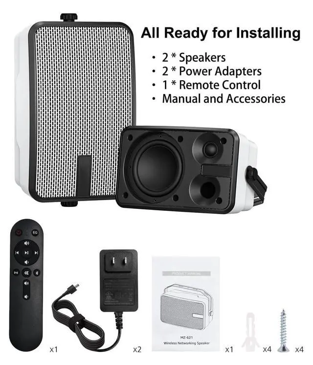 Alt view image 7 of 7 - 400W Outdoor Bluetooth Speakers, Wireless Sync Between Speakers, Powerful Bass, Wall Mount for Patio, Porch, Gazebo, Garage, 2-Pack, White(MZ-621)