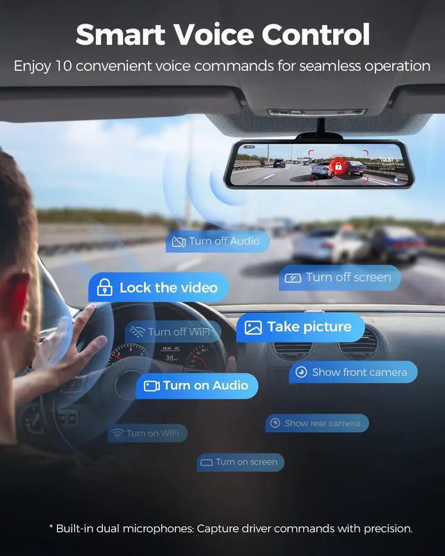Alt view image 6 of 7 - PG17 Max 4K+2.5K Mirror Dash Cam, 12" Front and Rear Camera with Night Vision AR Effects, ADAS BSD & LCA, Voice Control, 5.8GHz WiFi GPS, 24H Parking Monitor, for Cars Trucks RVs, 64GB Card