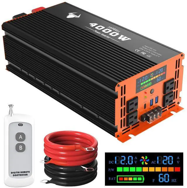 Main image of 4000 Watt Power Inverter 12V DC to 120V/110V AC for Vehicles Car Converter | RV, Truck, Solar, Home, Off-Grid Surge 8000W with 4 AC Outlet, 2 USB-A Port, 200ft Remote Control and 3 AC Terminal Blocks