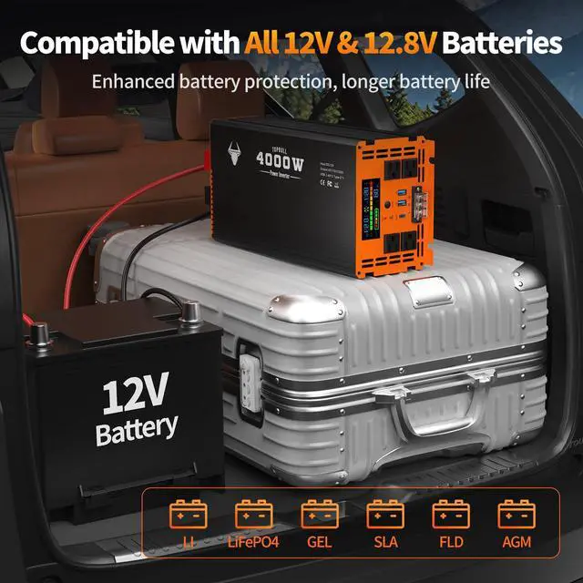 Alt view image 4 of 7 - 4000 Watt Power Inverter 12V DC to 120V/110V AC for Vehicles Car Converter | RV, Truck, Solar, Home, Off-Grid Surge 8000W with 4 AC Outlet, 2 USB-A Port, 200ft Remote Control and 3 AC Terminal Blocks