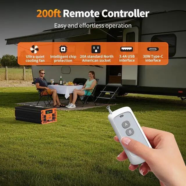Alt view image 5 of 7 - 4000 Watt Power Inverter 12V DC to 120V/110V AC for Vehicles Car Converter | RV, Truck, Solar, Home, Off-Grid Surge 8000W with 4 AC Outlet, 2 USB-A Port, 200ft Remote Control and 3 AC Terminal Blocks