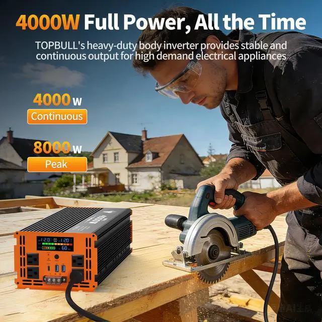 Alt view image 6 of 7 - 4000 Watt Power Inverter 12V DC to 120V/110V AC for Vehicles Car Converter | RV, Truck, Solar, Home, Off-Grid Surge 8000W with 4 AC Outlet, 2 USB-A Port, 200ft Remote Control and 3 AC Terminal Blocks