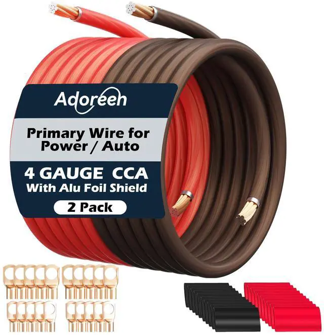 Main image of 4 Gauge AWG Power/Ground Wire Cable 25 Ft Black+25 Ft Red, High Power Shielded CCA Soft Automotive Welding Battery Wiring Kit,for Car Audio Amp Speaker RV Trailer Marine Solar+ Lugs&Heat Shrink Tubes