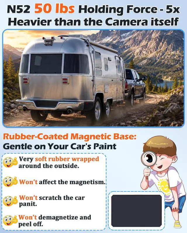 Alt view image 3 of 7 - HD 1080P Magnetic Wireless Backup Camera for RV - 1-Min Easy Install | Stays Secure on Bumpy Driving for RV Trailer - 7'' Monitor for Rear View & Parking While Travel